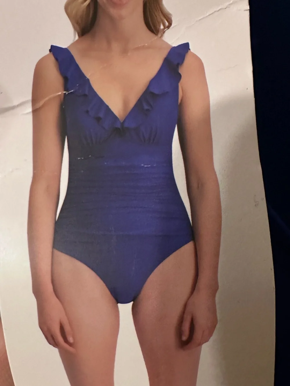 DKNY Ruffle V-Neck Ruched Royal Blue Tummy Control One-Piece Swimsuit Size S - Picture 7 of 11